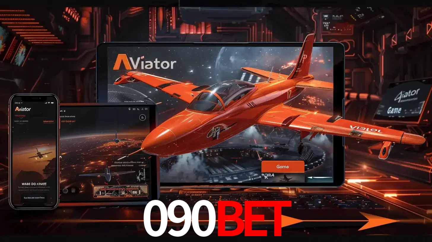 Apresentação tecnológica do jogo Aviator com um avião saindo da tela de um tablet, demonstrando a experiência imersiva em múltiplos dispositivos no 090BET.