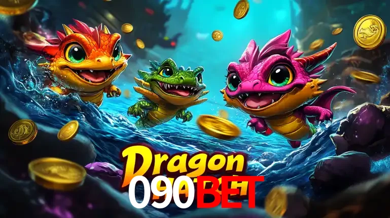 Arte promocional do jogo Dragon Hatch com três adoráveis dragões bebês nadando entre moedas de ouro, um dos slots mais divertidos para jogar no cassino 090BET.