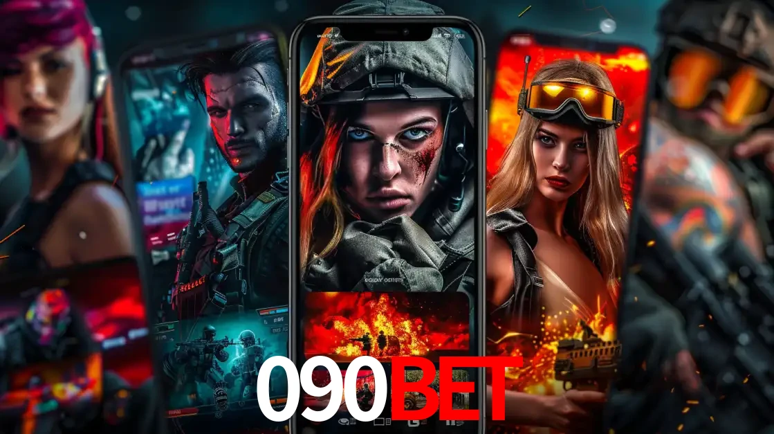 Montagem de telas de celular mostrando diversos personagens, masculinos e femininos, de um jogo de tiro, ilustrando a diversidade de equipes de e-sports para apostar no 090BET.