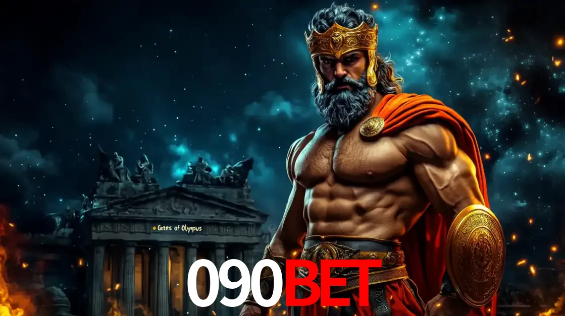 O poderoso Zeus do jogo de slot Gates of Olympus em frente ao seu templo, pronto para lançar multiplicadores divinos e prêmios épicos no cassino online 090BET.