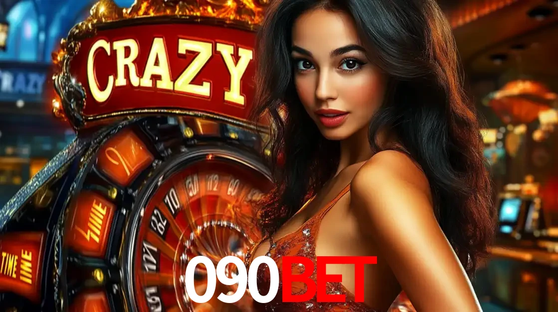 Mulher glamourosa olhando para a câmera com a roda vermelha do Crazy Time ao fundo em um ambiente de cassino, destacando a emoção dos jogos ao vivo no 090BET.