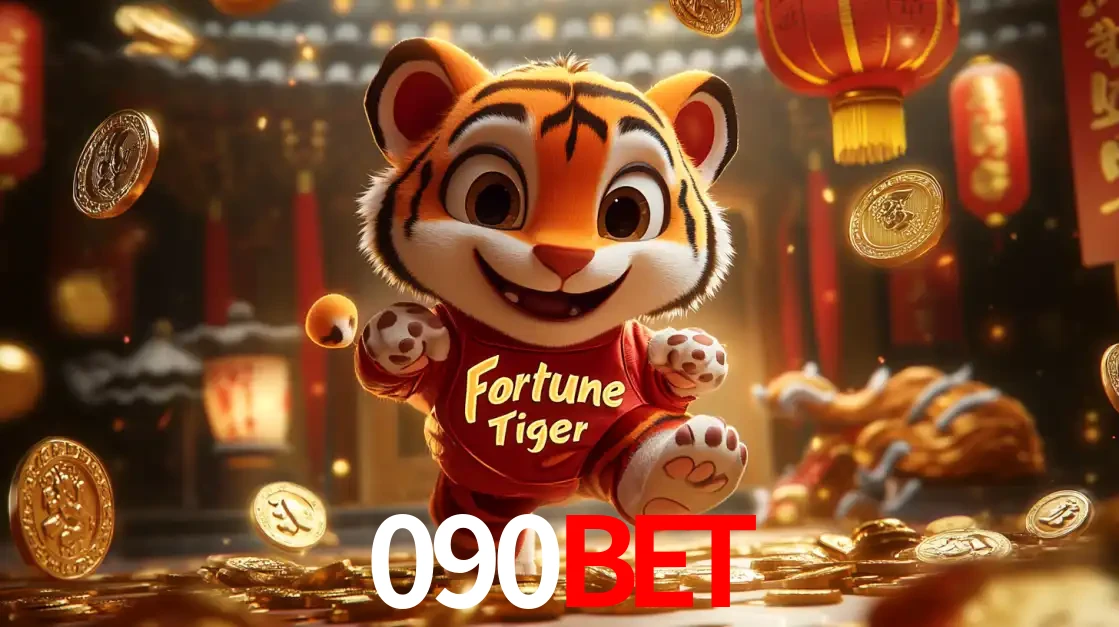 O alegre personagem do Fortune Tiger correndo sobre um caminho de moedas de ouro, simbolizando os grandes prêmios e a diversão do popular jogo de slot do 090BET.