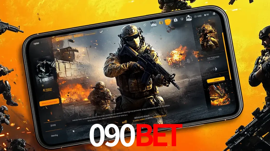 Um smartphone exibindo a interface de um jogo de tiro em primeira pessoa, com um soldado em um cenário de batalha, representando a ação dos e-sports para apostar no 090BET.