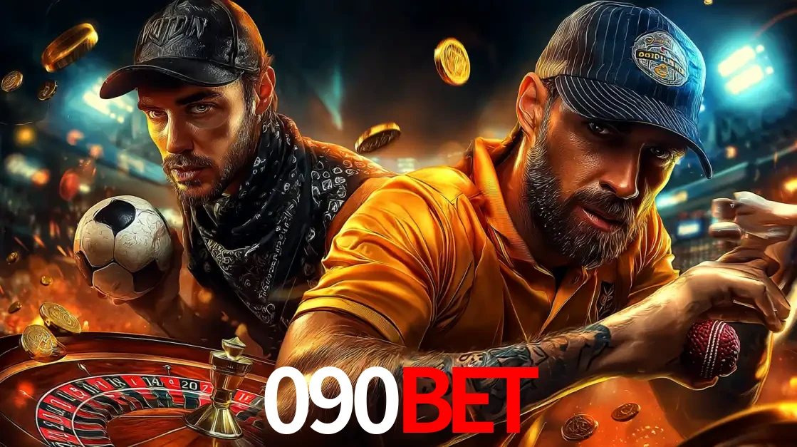 Montagem de apostas esportivas e cassino no 090BET, com um homem segurando uma bola de futebol e outro uma de beisebol sobre uma roleta e moedas voadoras.