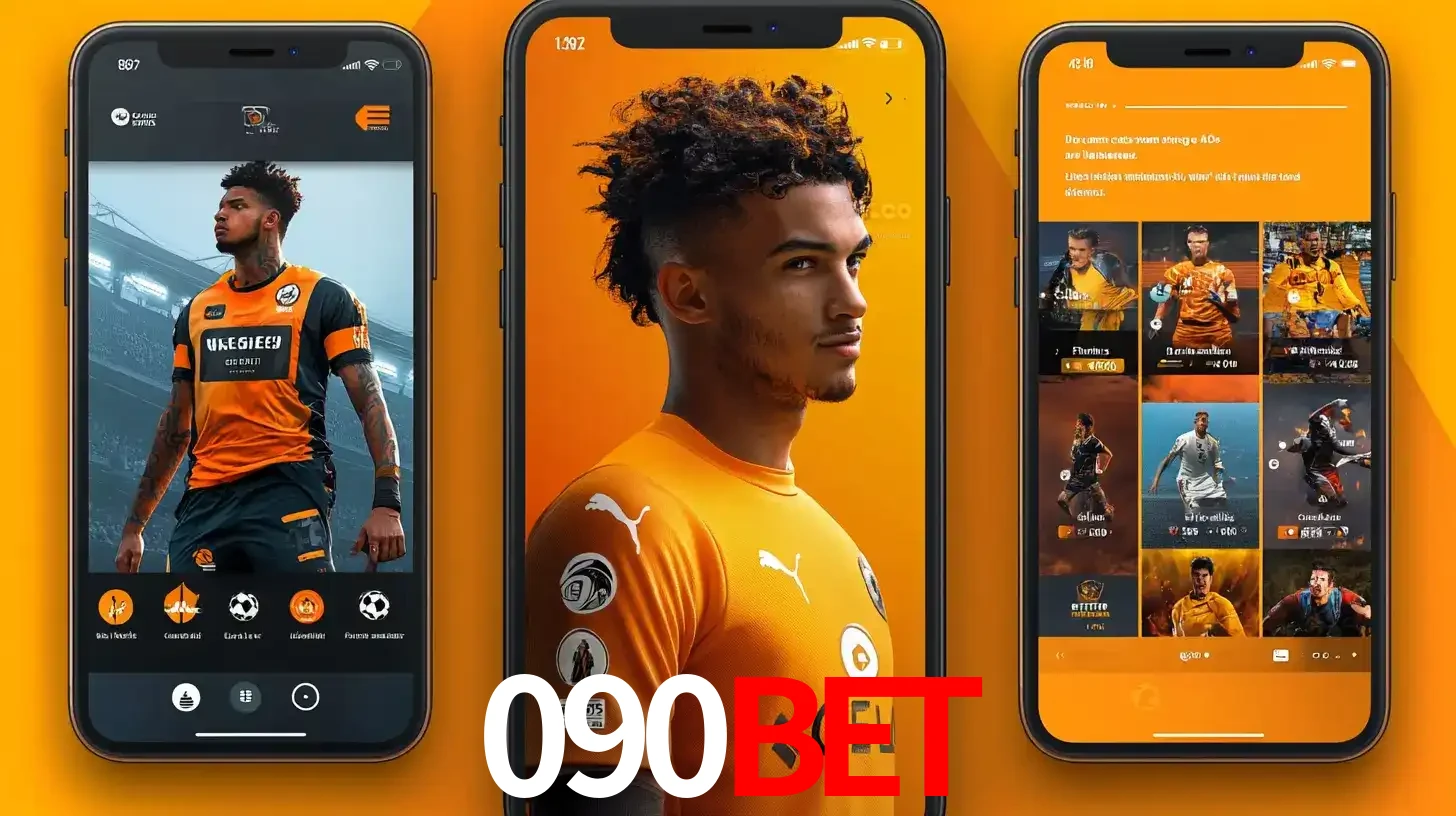 Interface do aplicativo de apostas esportivas 090BET em três telas de celular, mostrando o perfil de um jogador de futebol e a lista de jogos disponíveis para apostar.