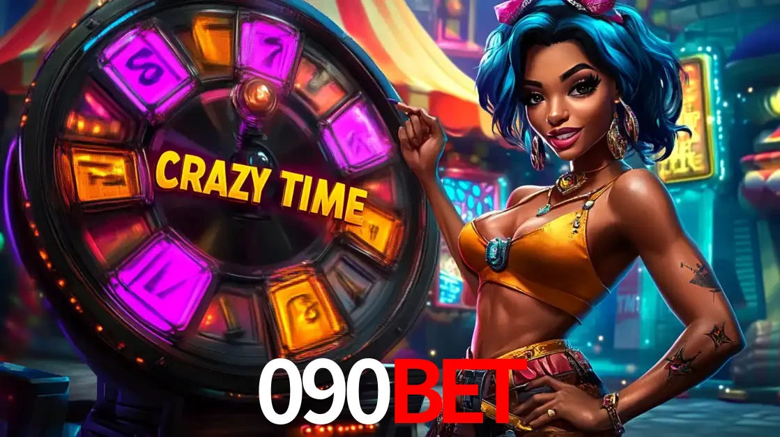 Mulher estilizada com cabelo azul e visual vibrante posando ao lado da roda de prêmios do game show Crazy Time, convidando para a diversão e os bônus do cassino 090BET.