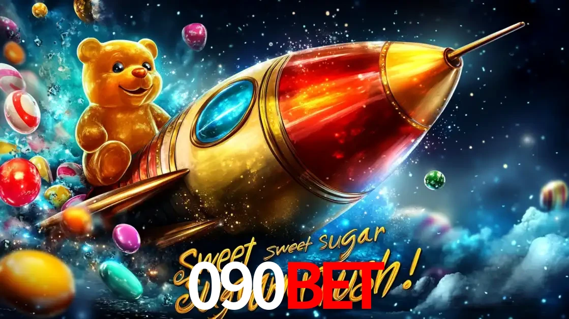 Arte promocional do jogo de slot Sugar Rush, com um urso de pelúcia em um foguete viajando pelo espaço de doces, um dos jogos divertidos disponíveis no cassino 090BET.