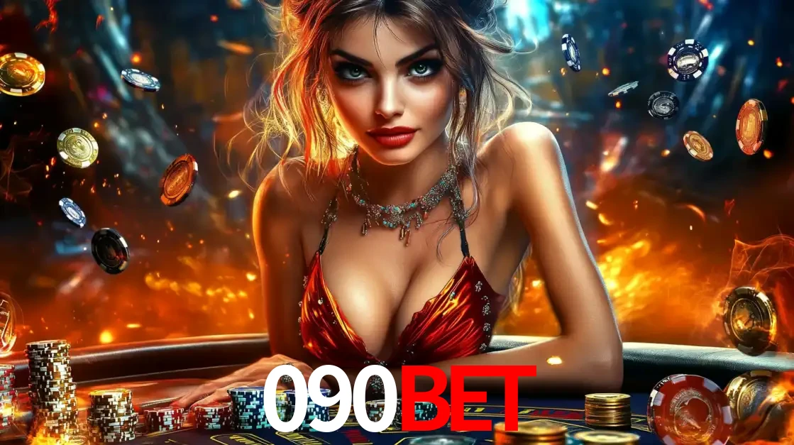 Mulher em uma mesa de cassino com pilhas de fichas e um fundo de fogo, pronta para uma rodada de altas apostas nos jogos de mesa emocionantes do cassino 090BET.