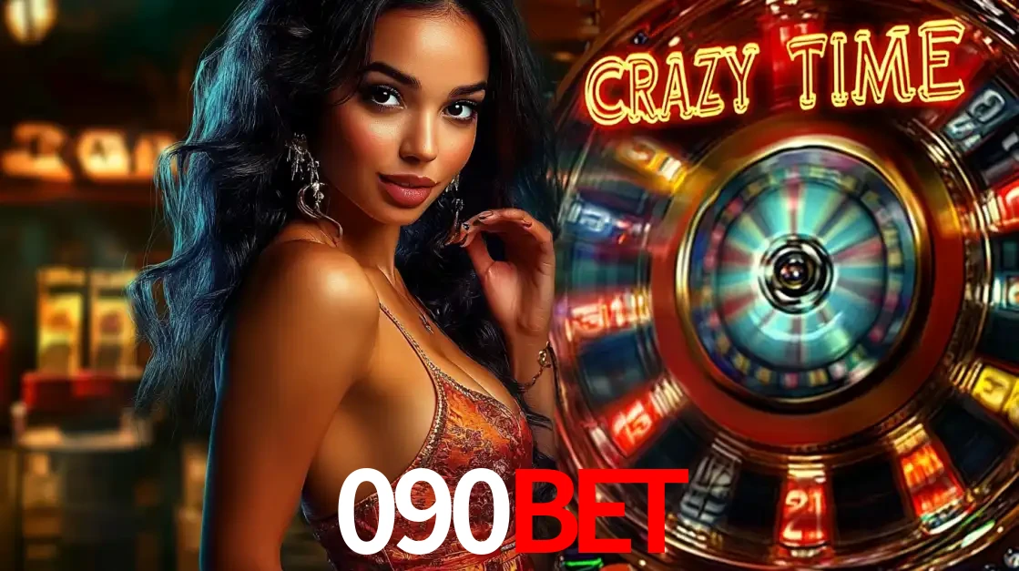 Mulher elegante ao lado da vibrante roda da fortuna do jogo de cassino ao vivo Crazy Time, um dos game shows mais populares e cheios de prêmios do 090BET.