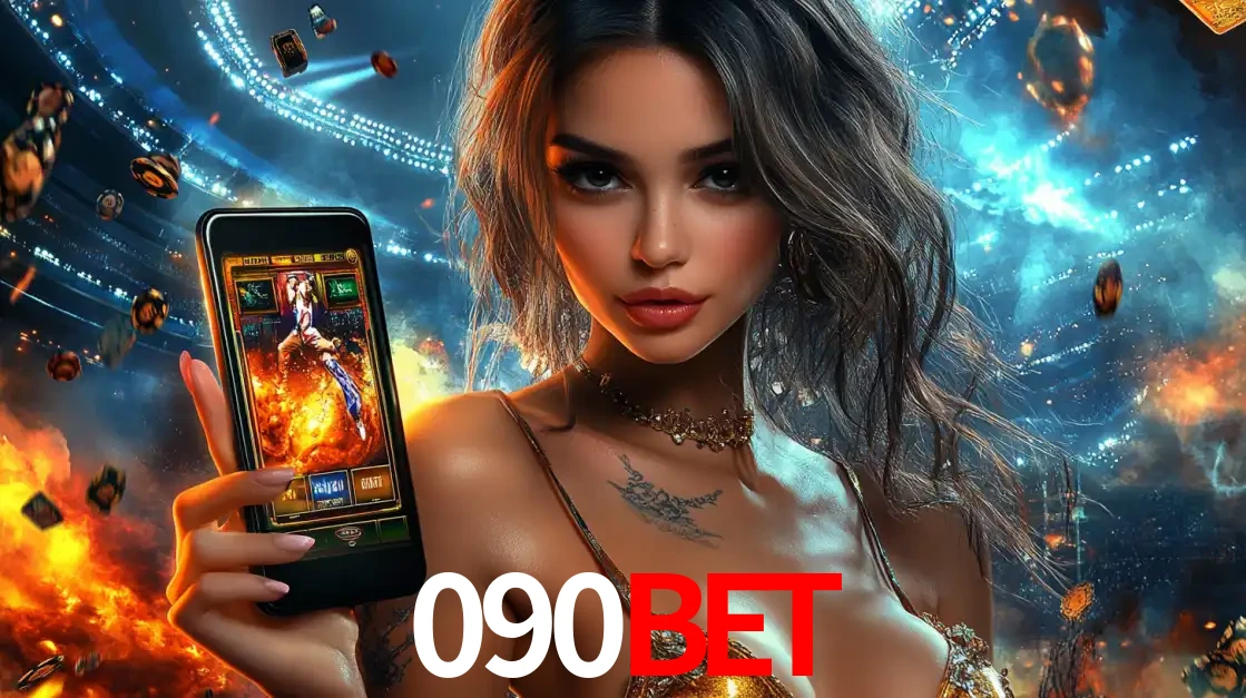 Mulher segurando um celular com um jogo de slot em destaque, tendo como fundo um estádio vibrante, simbolizando a emoção de jogar no cassino móvel 090BET.